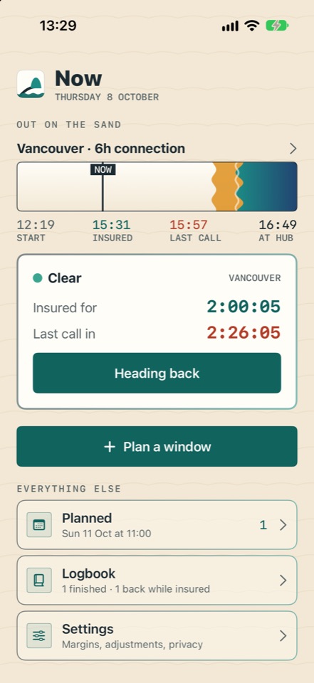 Ebbway's Now screen: a Vancouver window with the causeway strip and Return Guard counting down 2 hours of insured time.