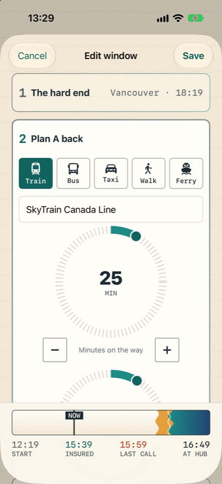 Ebbway's window builder: Plan A set to train, 25 minutes on a dial.